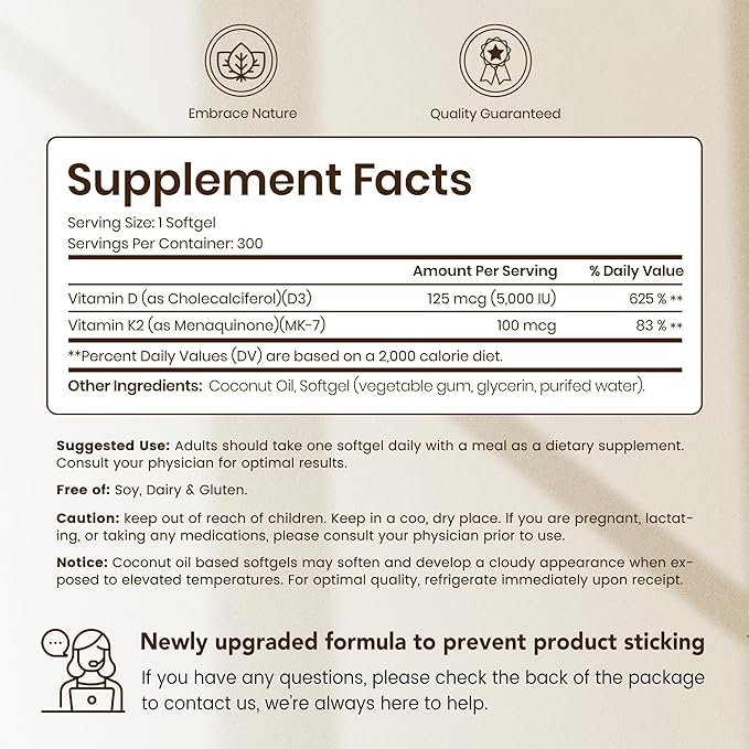 VEV Corefeel Vitamin D3 K2, 5000 IU D3 100mcg K2 (MK 7), 300 Softgels, 2-in-1 Vitamin D & K Supplement with Coconut Oil, Supports Calcium Absorption and Bone Health, Easy to Swallow