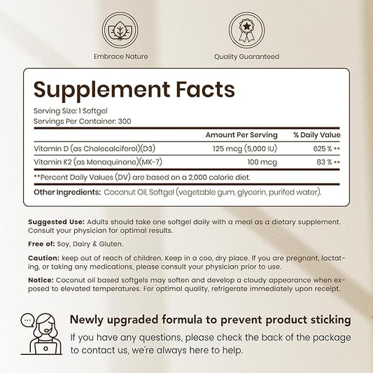VEV Corefeel Vitamin D3 K2, 5000 IU D3 100mcg K2 (MK 7), 300 Softgels, 2-in-1 Vitamin D & K Supplement with Coconut Oil, Supports Calcium Absorption and Bone Health, Easy to Swallow