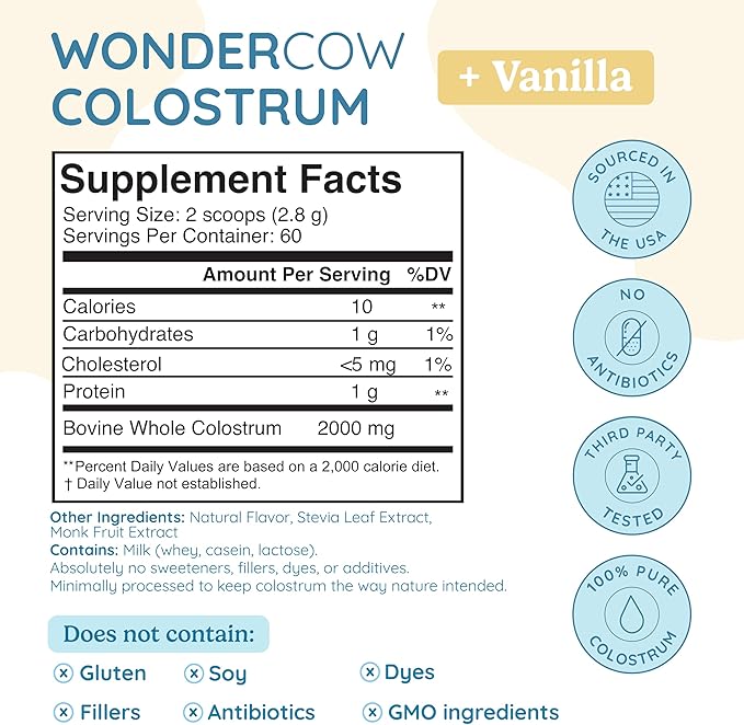 WONDERCOW Colostrum Supplement Powder for Gut Health, Immune Support, Muscle Recovery & Wellness | Natural IgG Pure Whole Bovine Colostrum Superfood, Vanilla, 60 Servings