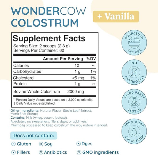 WONDERCOW Colostrum Supplement Powder for Gut Health, Immune Support, Muscle Recovery & Wellness | Natural IgG Pure Whole Bovine Colostrum Superfood, Vanilla, 60 Servings