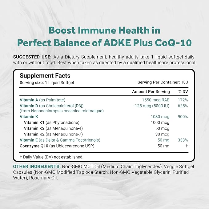 Vegan Vitamin ADK with 50mg Tocotrienol and CoQ-10 | Nano-Emulsified in EVOO for Better Absoprtion | Non-GMO, Soy Free and Vegan Society Certified | 180 Veggie Softgels (Carrageenan Free)
