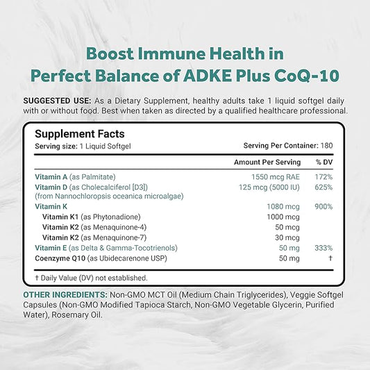 Vegan Vitamin ADK with 50mg Tocotrienol and CoQ-10 | Nano-Emulsified in EVOO for Better Absoprtion | Non-GMO, Soy Free and Vegan Society Certified | 180 Veggie Softgels (Carrageenan Free)