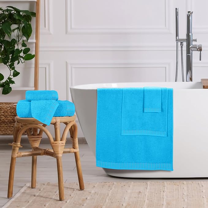 Ultra Soft 6 Pack Cotton Towel Set, Contains 2 Bath Towels 28x55 inch, 2 Hand Towels 16x24 inch & 2 Wash Coths 12x12 inch, Ideal Everyday use, Compact & Lightweight - Turquoise Blue