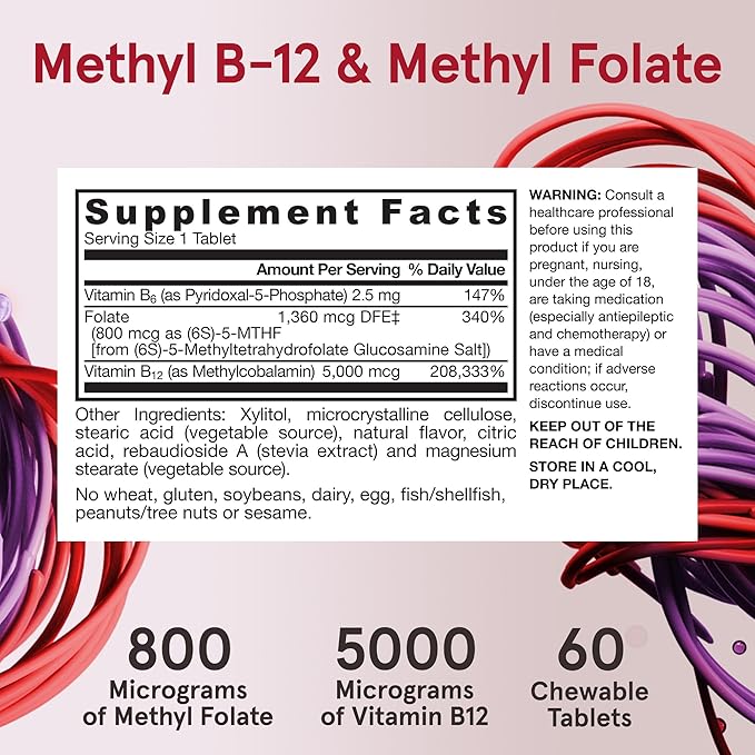 Jarrow Formulas Methyl B-12 & Methyl Folate - 60 Chewable Tablets, Cherry - Bioactive Vitamin B12 & B9 - Supports Energy Production, Brain Function & Metabolism - Gluten Free - 60 Servings