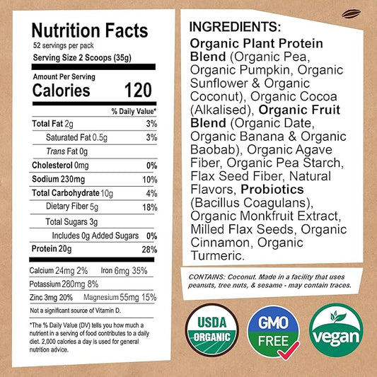 EarthChimp Organic Vegan Protein Powder - with Probiotics - Non GMO, Dairy Free, Non Whey, Plant Based Protein Powder for Women and Men, Gluten Free - 52 Servings, 64 Oz (Chocolate)
