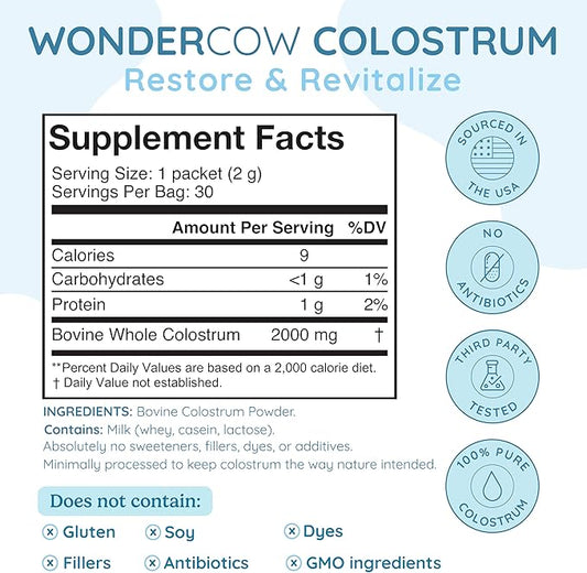 WONDERCOW Colostrum Supplement Powder for Gut Health, Immune Support, Muscle Recovery & Wellness | Natural IgG Pure Whole Bovine Colostrum Superfood, Unflavored, 30 Servings