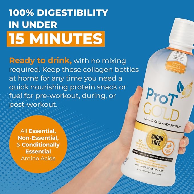 ProT Gold Liquid Collagen Protein Shot, 17g Clear Protein Nano-Hydrolyzed Grass Fed Collagen, 2g Arginine for Wound Support, Gluten Free, Sugar Free, 0g Carbs, Non GMO, Orange Creme, 30 fl oz Bottle