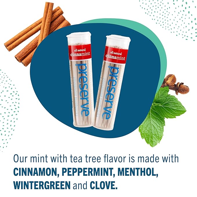 Preserve Toothpicks Cinnamint Refreshing Natural Cinnamon & Mint Flavored Toothpicks for Fresh Breath Teeth & Gums - Sustainably Harvested Birch Wood - 3 Travel Cases (105 Picks)
