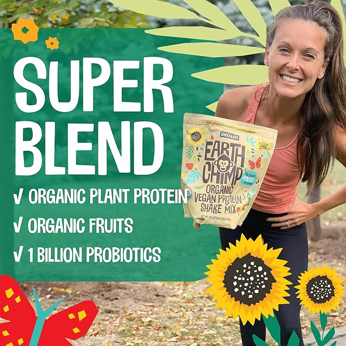 EarthChimp Organic Vegan Protein Powder - with Probiotics - Non GMO, Dairy Free, Non Whey, Plant Based Protein Powder for Women and Men, Gluten Free - 26 Servings 32 Oz (Plain & Unsweetened) No Scoop