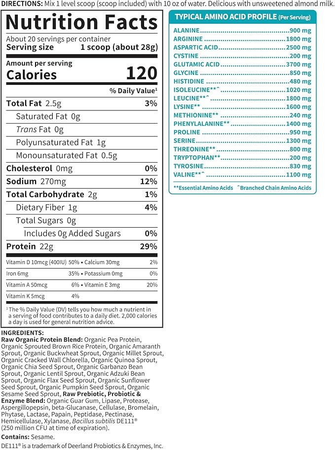 Garden of Life Organic Vegan Protein Powder, Plant Based & BCAAs, Organic Protein Powder with Probiotics & Enzymes, Non-GMO, Gluten-Free Lactose Free 1.2 LB