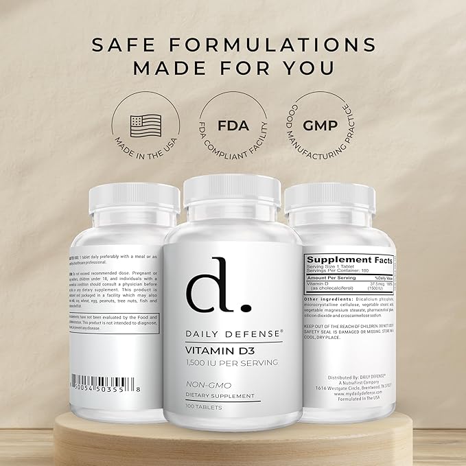 Immune Defense Supplements Vitamin D3 1500 IU for Heart Health, Daily Immune Support, Mental Clarity, & Muscle Function - 100 Vitamin D Tablets (D3 1500 IU)