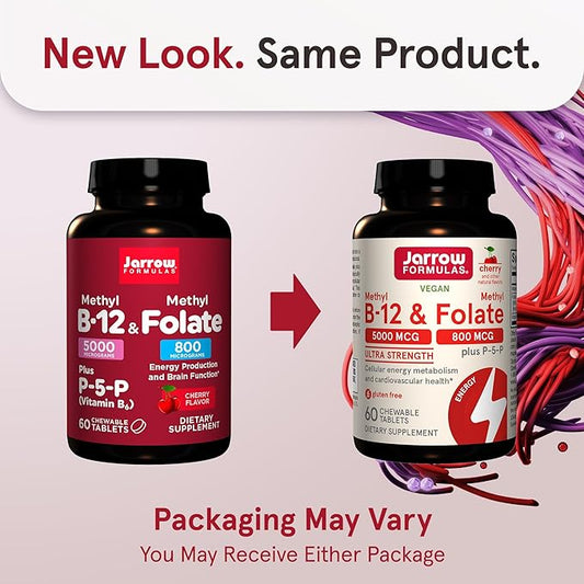 Jarrow Formulas Methyl B-12 & Methyl Folate - 60 Chewable Tablets, Cherry - Bioactive Vitamin B12 & B9 - Supports Energy Production, Brain Function & Metabolism - Gluten Free - 60 Servings