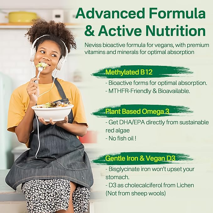 NEVISS (2 Pack) Vegan Multivitamin for Women & Men with Methyl B12, D3 K2, Plant Based Omega 3, Iron, Choline, Zinc, Whole Food Daily Vitamins Gummies for Vegans & Vegetarians, Sugar Free