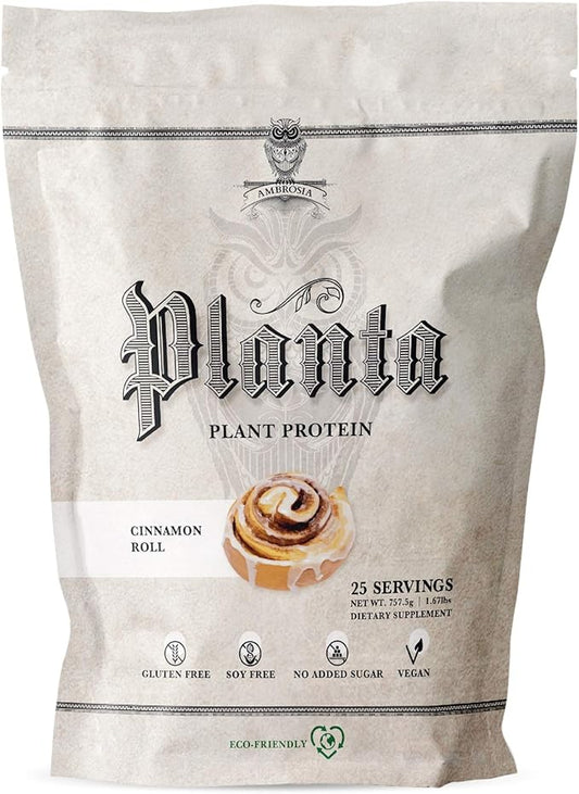 Ambrosia Planta - Premium Plant-Based Protein | Vegan & Keto Friendly | Gourmet Flavors with No Bloating or Stomach Upset | Gluten & Soy Free | No Added Sugar | 25 Servings | Cinnamon Roll