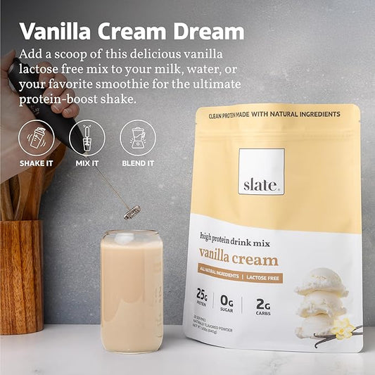 Slate Milk -High Protein Drink Mix Powder -Vanilla Cream,28 Servings Bag - Lactose Free,25g Protein,0g Sugar,105 Calories,2g Carbs,All Natural Ingredients - Breakfast Boost - Post Workout -1.85 lbs