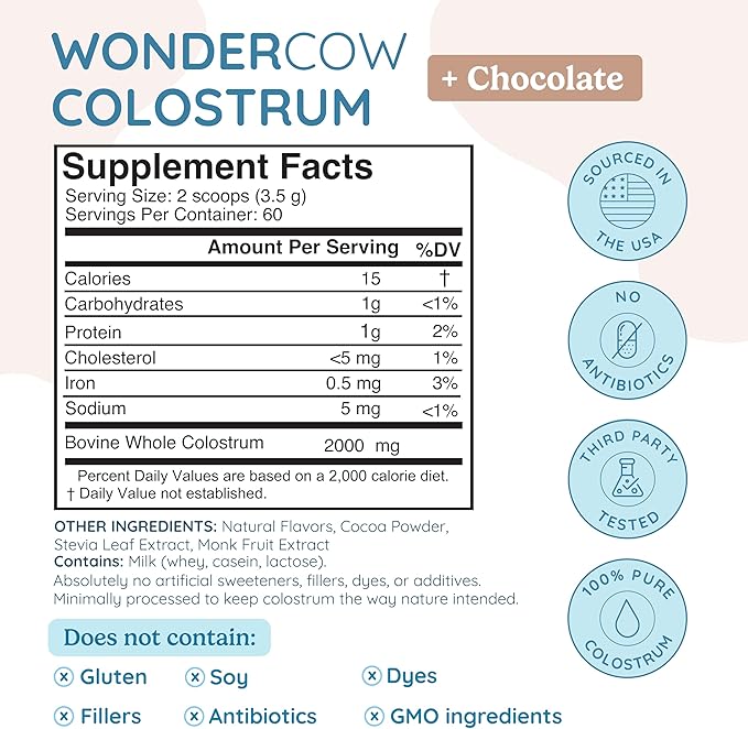 WONDERCOW Colostrum Supplement Powder for Gut Health, Immune Support, Muscle Recovery & Wellness | Natural IgG Pure Whole Bovine Colostrum Superfood, Chocolate, 60 Servings