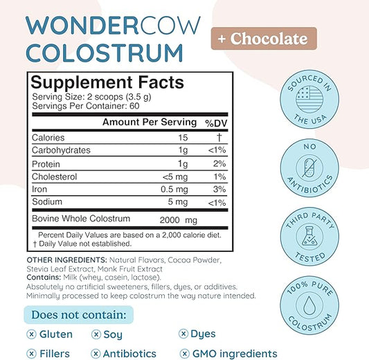 WONDERCOW Colostrum Supplement Powder for Gut Health, Immune Support, Muscle Recovery & Wellness | Natural IgG Pure Whole Bovine Colostrum Superfood, Chocolate, 60 Servings