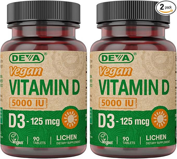 DEVA Vitamin D3 5000 IU, Sunshine Supplement, 125 mcg of Vegan D3, 90-Count Bottle (Pack of 2)