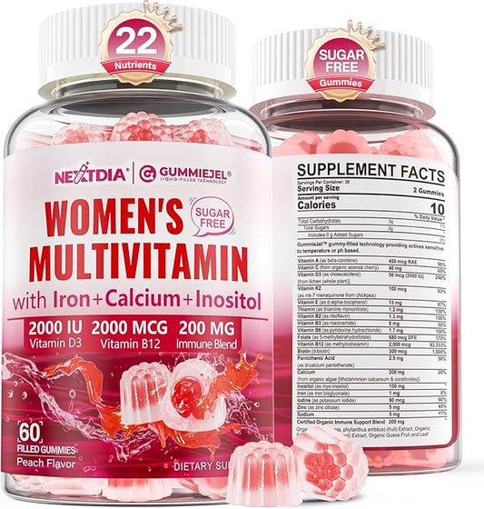 Methylated Multivitamin for Women Gummies, Calcium, D3 K2, Methylfolate & B12, Inositol, Daily Vitamin A, C, E, B Complex, Biotin, Iron - Energy, Immune, Bone, Skin, Hair - Vegan, Sugar Free, 60 Count