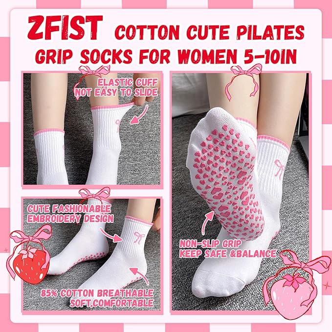 ZFiSt Pilates Socks with Grips for Women,4Pairs Ruffle Yoga Sock Cute Cotton Grippy Socks for Barre Workout Non Slip 5-10in