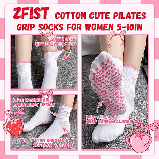 ZFiSt Pilates Socks with Grips for Women,4Pairs Ruffle Yoga Sock Cute Cotton Grippy Socks for Barre Workout Non Slip 5-10in