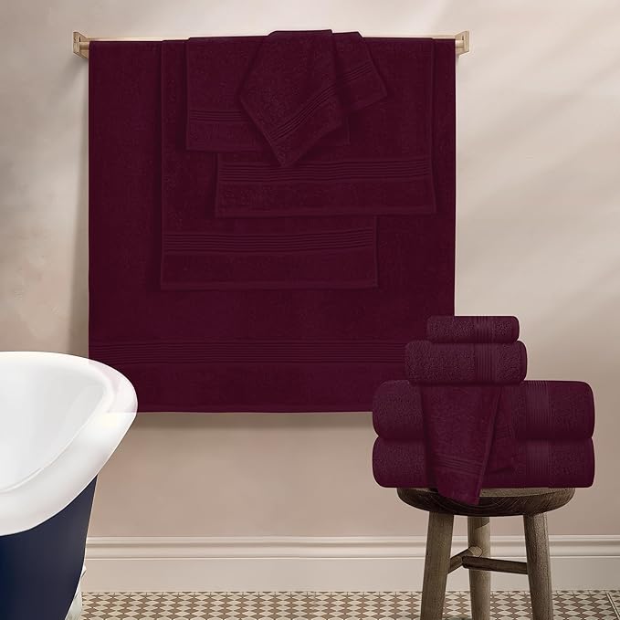 Belizzi Home 100% Cotton Towel Set, Contains 6 Soft Bath Towel, 6 Hand Towels, 12 Wash Cloths - Compact Absorbent Lightweight & Quickdry Towels for Bathroom - 24 Piece Bathroom Towel Set - Burgundy