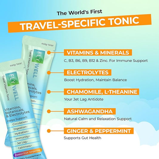 Travel Vitamin Tonic for Flight, Jet Lag, Hydration, Circulation, Digestion & Immune Support, Promotes Calmness, Electrolyte Powder, Travel Essentials, Passion Fruit Tangerine, 15 Sticks