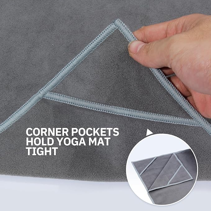 Hot Yoga Towel, Non-Slip Thicker Hot Yoga Mat Towel with Corner Pockets, 25"x72", Microfiber Sweat Absorbent, Perfect for Hot Yoga, Bikram, Pilates and Yoga Mats (Grey, 72x25 inches)