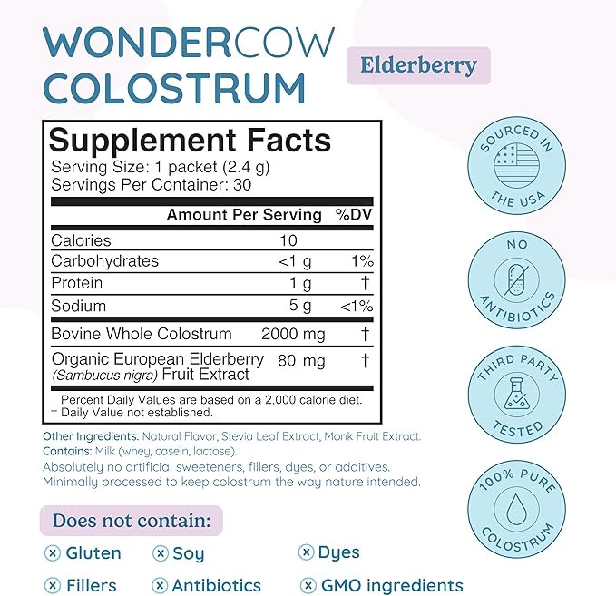 WONDERCOW Colostrum Supplement Powder for Gut Health, Immune Support, Muscle Recovery & Wellness | Natural IgG Pure Whole Bovine Colostrum Superfood, Elderberry, 30 Servings
