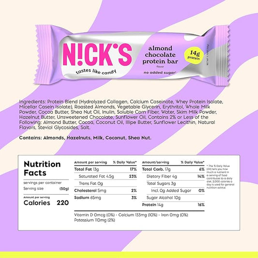 Nick's Protein Bars Almond Chocolate | 14g protein | 220 calories | Low Carb Keto Friendly Snacks No Added Sugar (Multipack 24 bars x 50g)