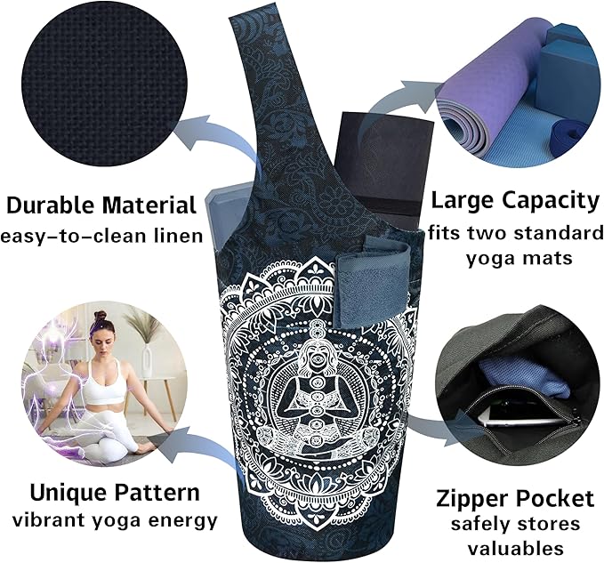 Yoga Mat Bag Carrier for Women with Side Large Pocket Durable Linen Workout Gym Travel Storage Pilates Mats