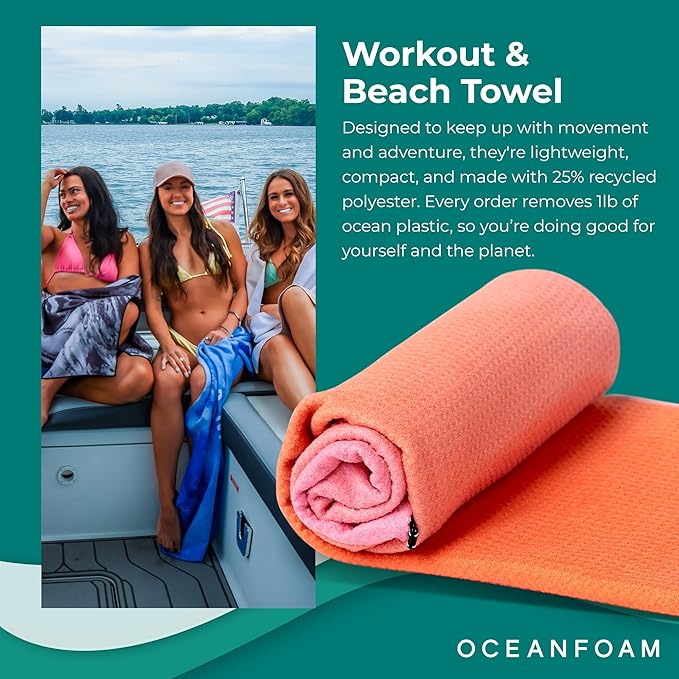 Oceanfoam Beach Towel – Lightweight, Absorbent, Quick-Drying, Sand-Resistant, Non-Slip – Ideal for Workouts, Yoga, Pilates, Beach, Pool, Boat & Travel – 25% Recycled – 72"x24" (Sunset)