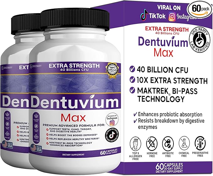 Dentuvium Max Probiotic Supplement - 40 Billion CFU - Supports Teeth Gums Throat Digestive Health - Gluten Free Sugar Free Non-GMO - 60 Capsules (2)