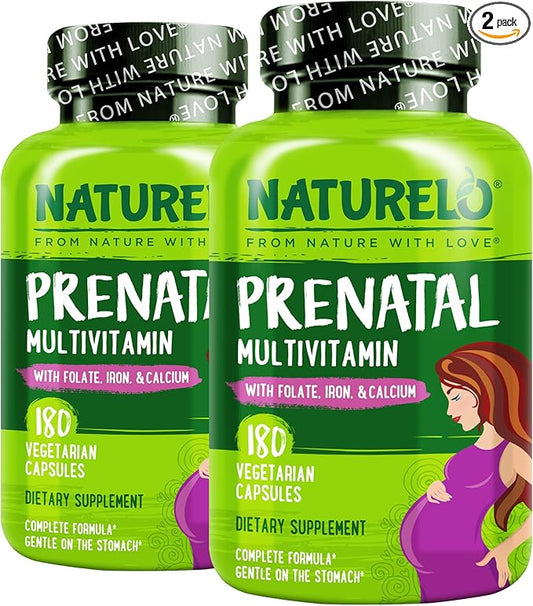 NATURELO Prenatal Multivitamin with Gentle Chelated Iron, Methyl Folate, Plant Calcium & Choline - Vegan, Vegetarian - Non-GMO - Gluten Free - 180 Capsules - 4 Month Supply (Pack of 2)