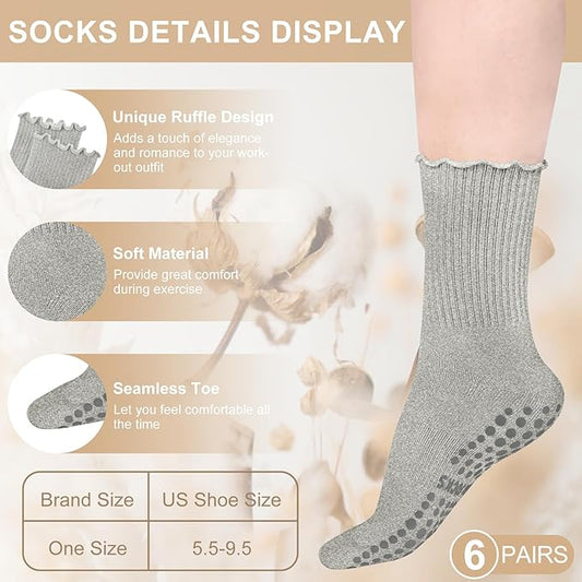 Justay 6 Pairs Womens Pilates Socks with Grips Crew Non Slip Ruffle Cotton for Athletic Workout Barre Hospital Yoga Socks