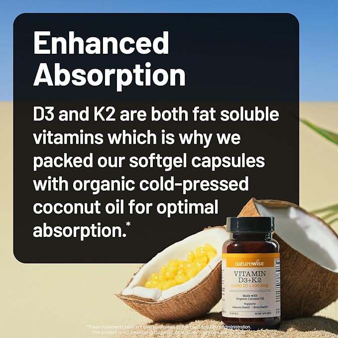 NatureWise Vitamin D3 10,000 IU Plus K2 (MK-7) 200 mcg with Organic Extra Virgin Coconut Oil - Supports Calcium Absorption, Bone, Heart & Immune Health - Non-GMO, Soy & Gluten-Free - 30 Softgels