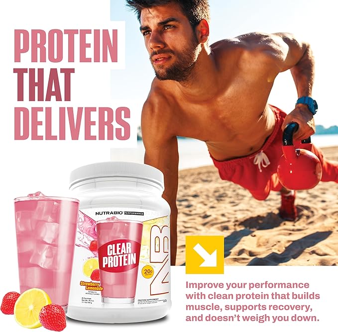 NutraBio Clear Protein Powder, Strawberry Lemonade - 20 Servings, 20g Clear Whey Protein Isolate, 0 Sugar, 0g Lactose, Refreshing Fruit Flavors, GLP1 Support -Bone Health -Muscle Post Workout Recovery
