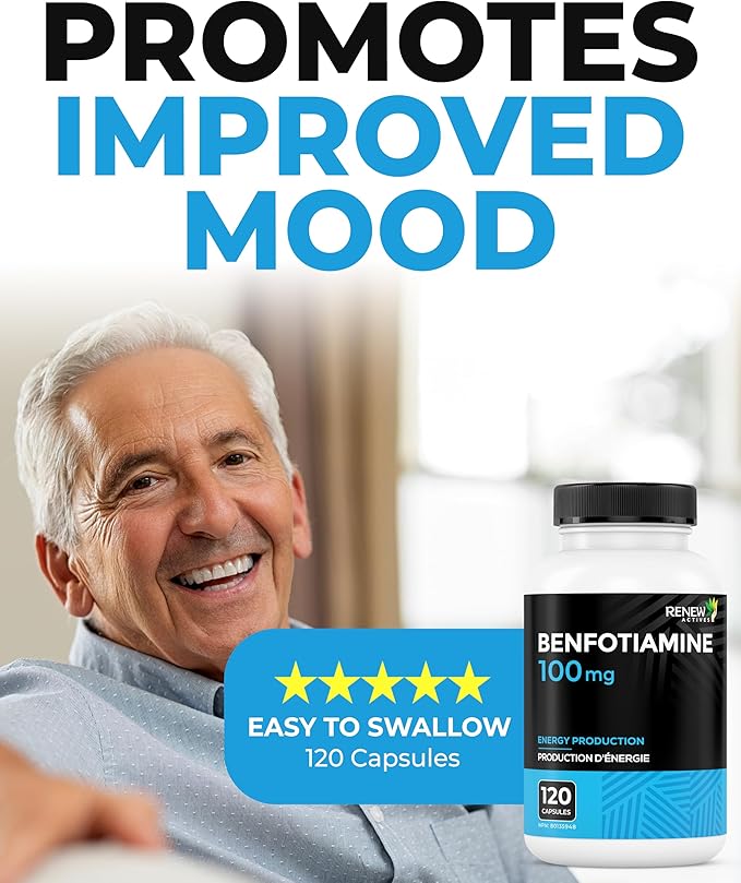 Renew Actives Benfotiamine 100mg – Supports Energy Production & Overall Wellness – Vegan, Non-GMO, Gluten-Free – 120 Capsules