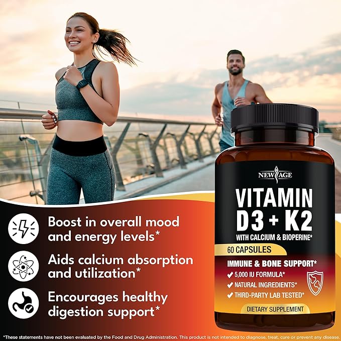 Vitamin D3 5,000 IU + K2 MK-7 100 mcg - 2-in-1 Bone, Immune & Heart Support, Easy to Swallow, Non-GMO - 120 Capsules