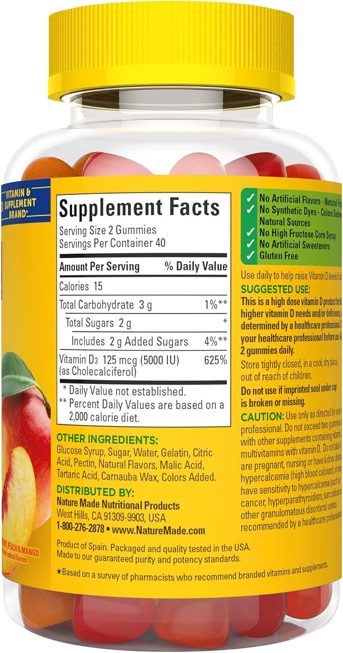Nature Made Vitamin D3 5000 IU Per Serving Gummies Extra Strength, Bone and Immune Health Support, 80 Vitamin D Gummies for Adults, 40 Day Supply