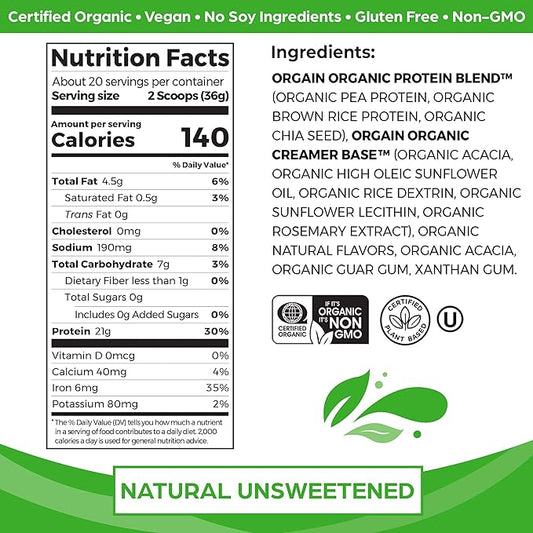 Orgain Organic Vegan Protein Powder, Natural Unsweetened - 21g of Plant Protein, 4g Prebiotic Fiber, Low Net Carbs, No Lactose Ingredients, No Added Sugar, Non-GMO, For Shakes & Smoothies, 1.59 lb