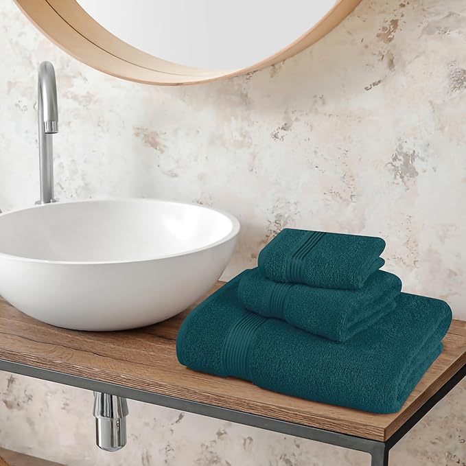 Belizzi Home Ultra Soft 3 Pack Cotton Towel Set, Contains a Bath Towel 28x55 inch, a Hand Towel 16x24 inch & a Wash Coth 12x12 inch, Ideal Everyday use, Compact & Lightweight - Teal
