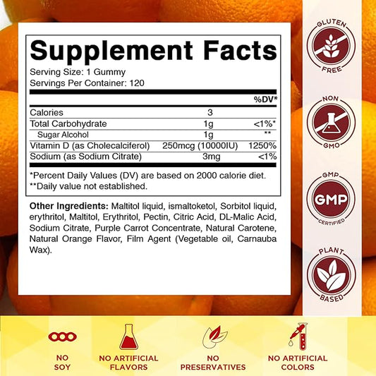 Vitamatic Sugar Free Vitamin D3 10000 IU - 120 Pectin Based Gummies - Great Taste - Healthy Bones, Mood & Immune System Function - Non-GMO - 120 Servings