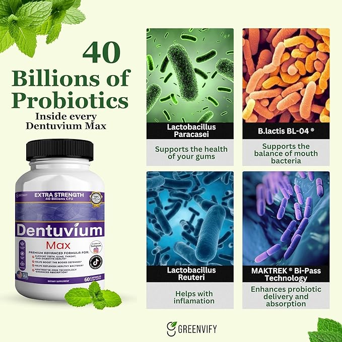 Dentuvium Max Probiotic Supplement - 40 Billion CFU - Supports Teeth Gums Throat Digestive Health - Gluten Free Sugar Free Non-GMO - 60 Capsules (5)