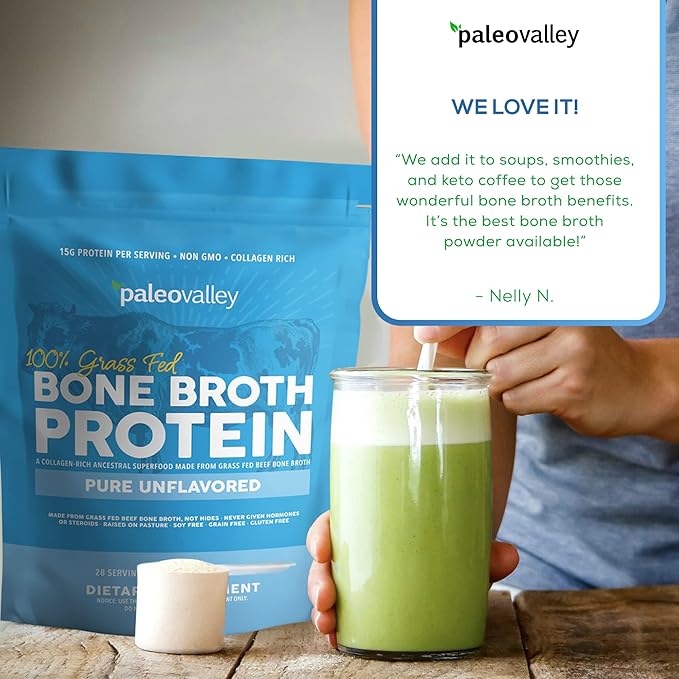 Paleovalley 100% Grass Fed Beef Bone Broth Protein Powder - Rich in Collagen Peptides for Hair, Skin, Gut Health, Bone and Joint Support - 15g Protein Per Serving - No Gluten or GMOs