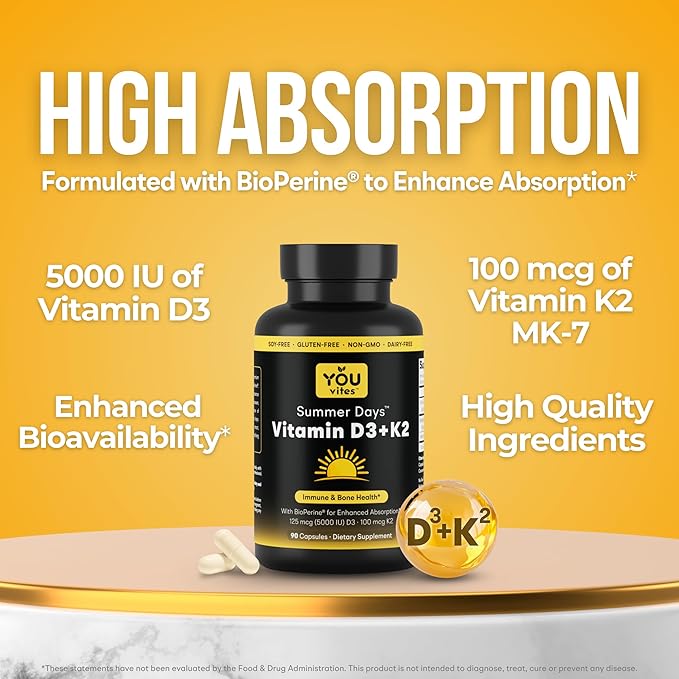 Vitamin D3 + K2 - Max Absorption, 5000 IU D3 & 100 mcg K2 MK-7 (Menaquinone-7) with BioPerine - Bone, Heart & Immune Support - Non-GMO, Gluten Free, Soy Free - 90 Capsules - Daily Supplement