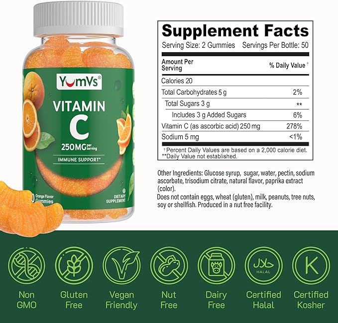 Vitamin C Gummies for Adults - 250 mg Yummy Vitamin C Gummy - VIT C Gummies - Immune Support Supplement -Orange Flavored Kosher, Halal, Gluten Free (100 Count)