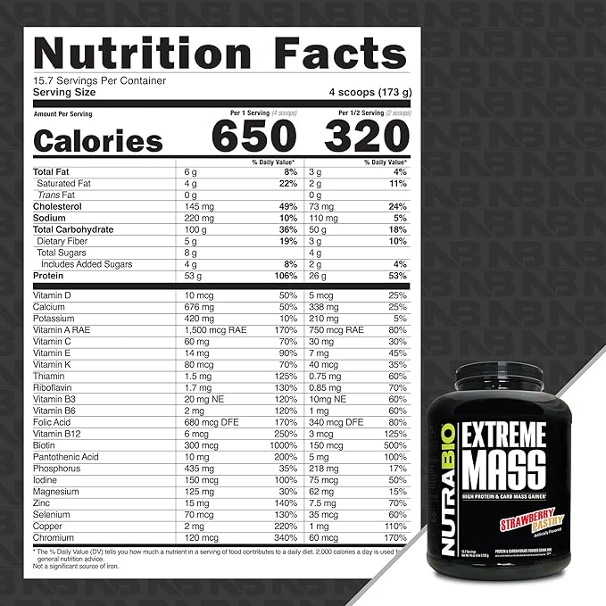 NutraBio Extreme Mass Gainer Protein Powder, 53G Protein, Clean Weight Gainer, Increase Muscle Mass, Full Spectrum Amino Acid - Strawberry Pastry, 6 Pound