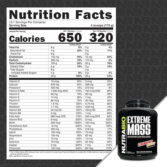 NutraBio Extreme Mass Gainer Protein Powder, 53G Protein, Clean Weight Gainer, Increase Muscle Mass, Full Spectrum Amino Acid - Strawberry Pastry, 6 Pound