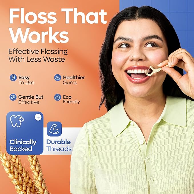 SmartLifeco Eco-Friendly Dual-Thread Dental Floss Picks (200ct) - Flossers Made with Straw Wheat Blend, Proven Anti-Shred for Tight Gaps, Tooth Pick Stick for Adults, Soft on Gum & Teeth, Unflavored